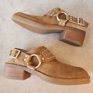 Lucky Brand Slingback Boots 7.5 Tan Leather Harness Kalv Studded Western New$130